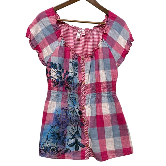 Dolled‎ Up By FANG Women Peasant Milkmaid Top L Plaid Floral Smocked Cottagecore - Picture 1 of 7